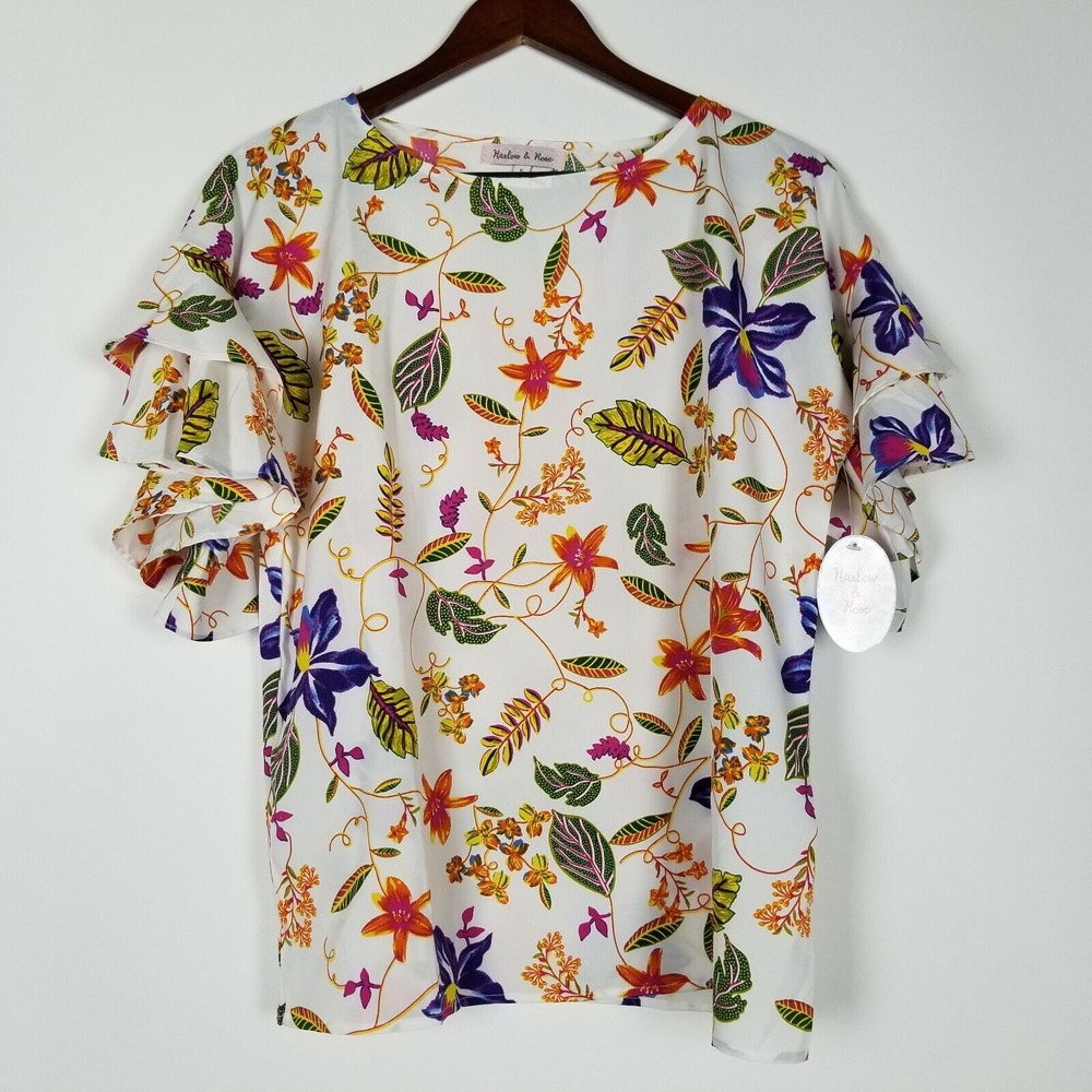 Harlow & Rose Women's Top Size S White Floral Blouse Layered Sleeve Modest New